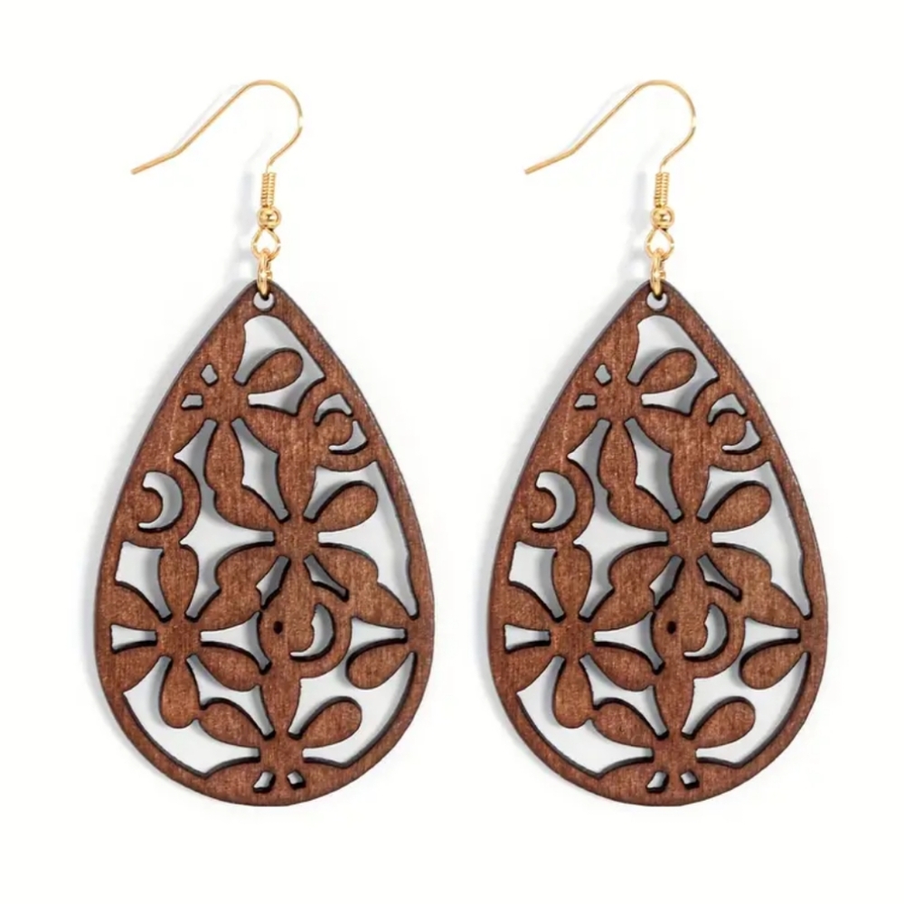 Wood Carved Dangle Earrings